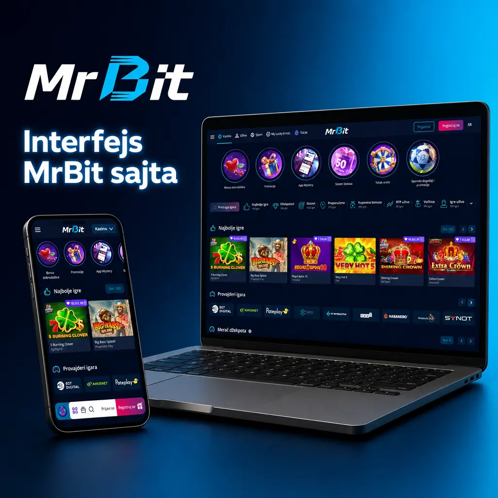 Interfejs MrBit sajta sa navigacijom za klađenje, casino, promocije i podešavanja jezika i teme