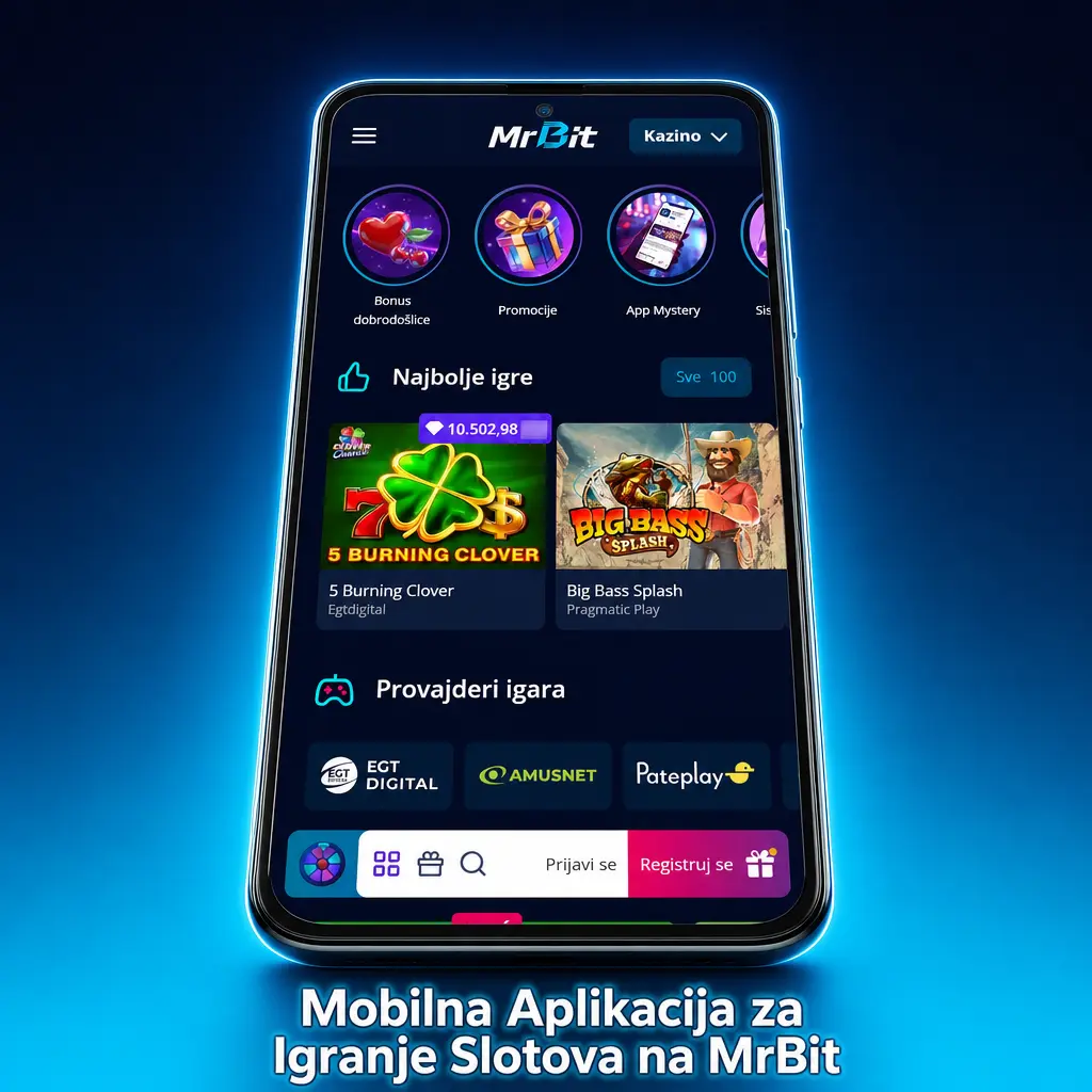 Mobilna aplikacija MrBit za igranje slotova na Android i iOS uređajima, sa prilagođenim interfejsom za dodir.