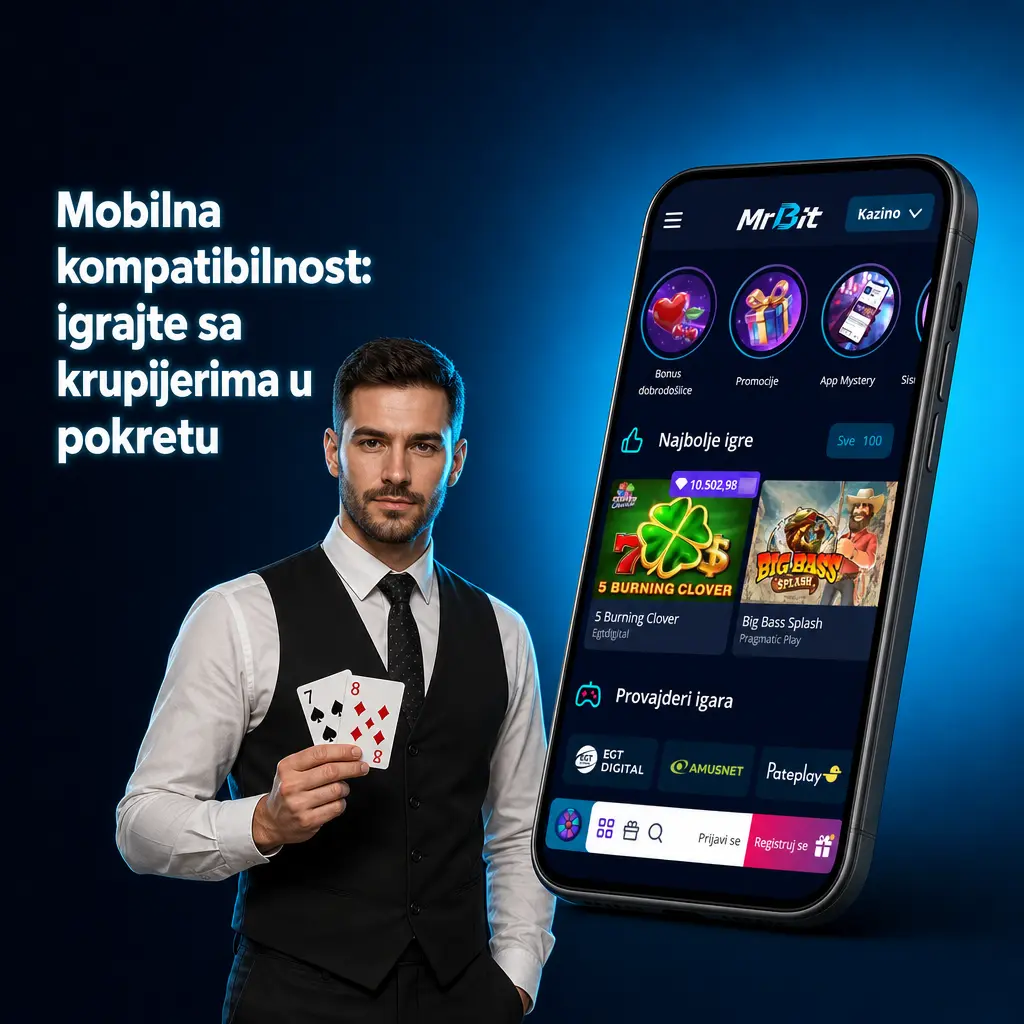 Mobilna aplikacija MrBit prikazuje sto sa krupijerom, dugmićima za opklade i strimom prilagođenim vertikalnom ekranu telefona.