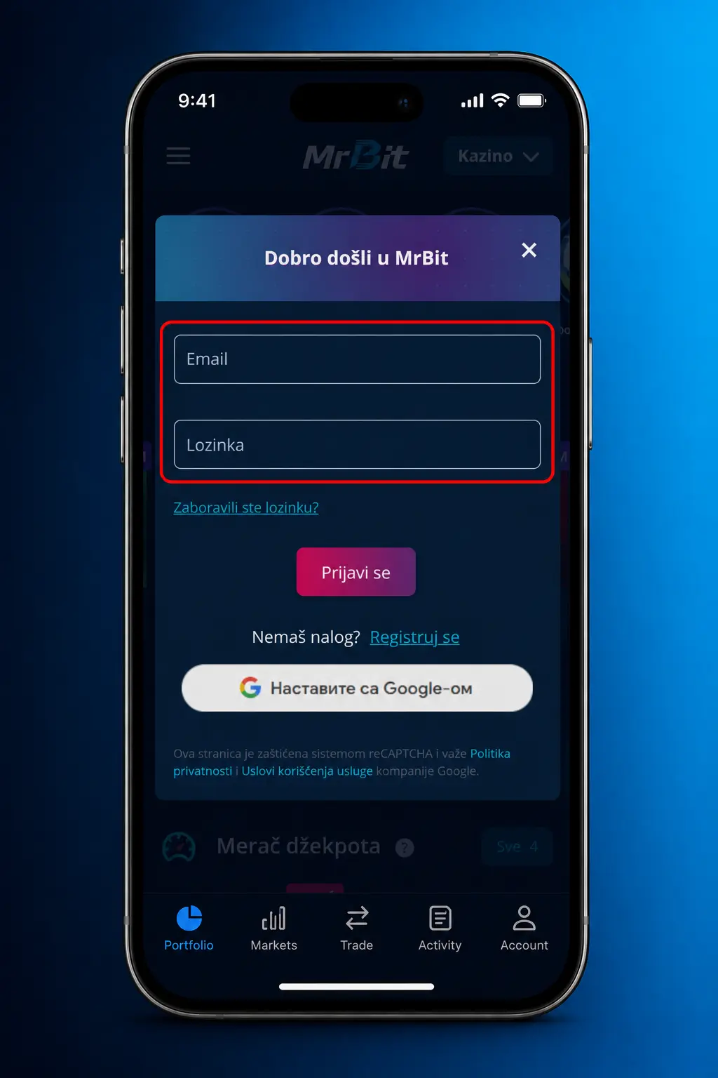 Prijava na MrBit nalog uz email, lozinku i dvofaktorsku autentikaciju za sigurniji pristup igrama i opkladama.