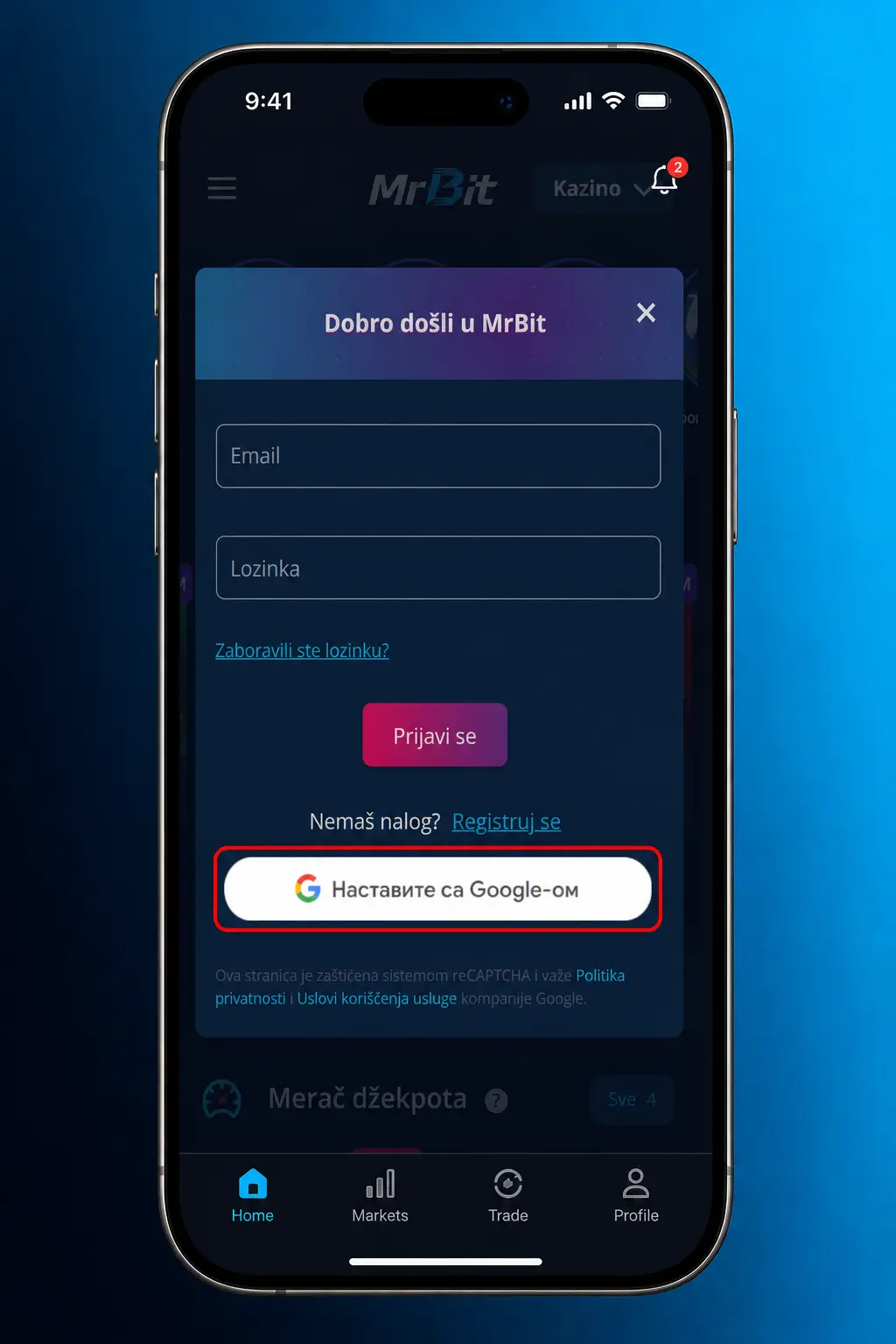 Prijava na MrBit nalog putem mobilne aplikacije uz opciju otiska prsta ili Face ID-ja