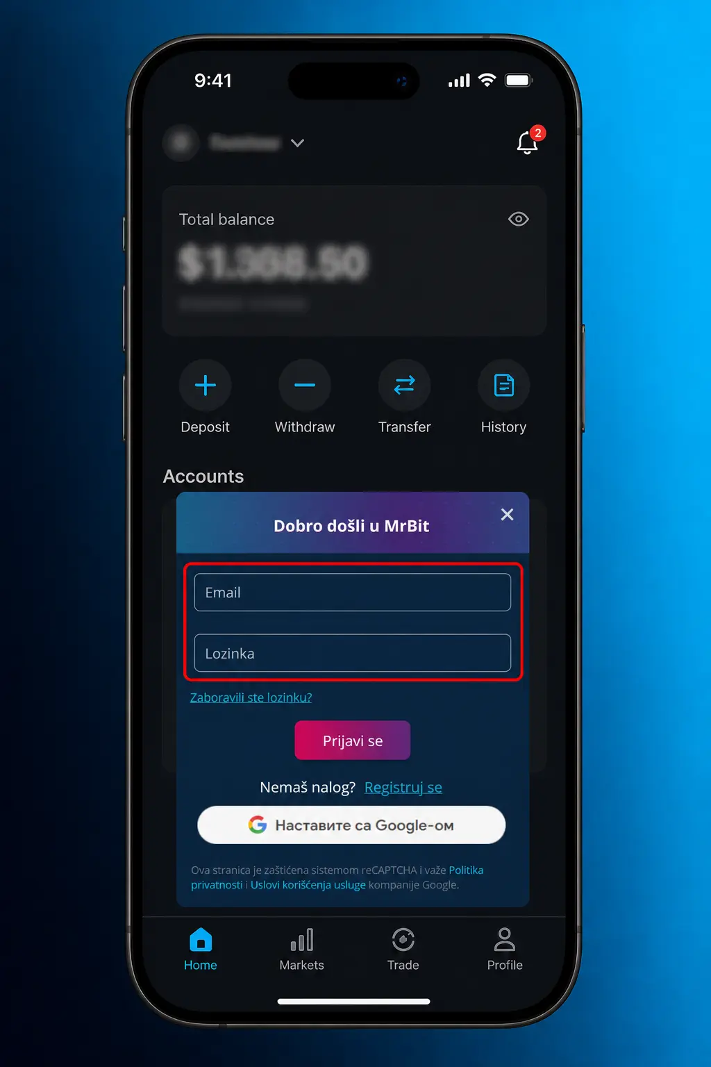 Prijava na MrBit nalog putem mobilne aplikacije uz opciju otiska prsta ili Face ID-a