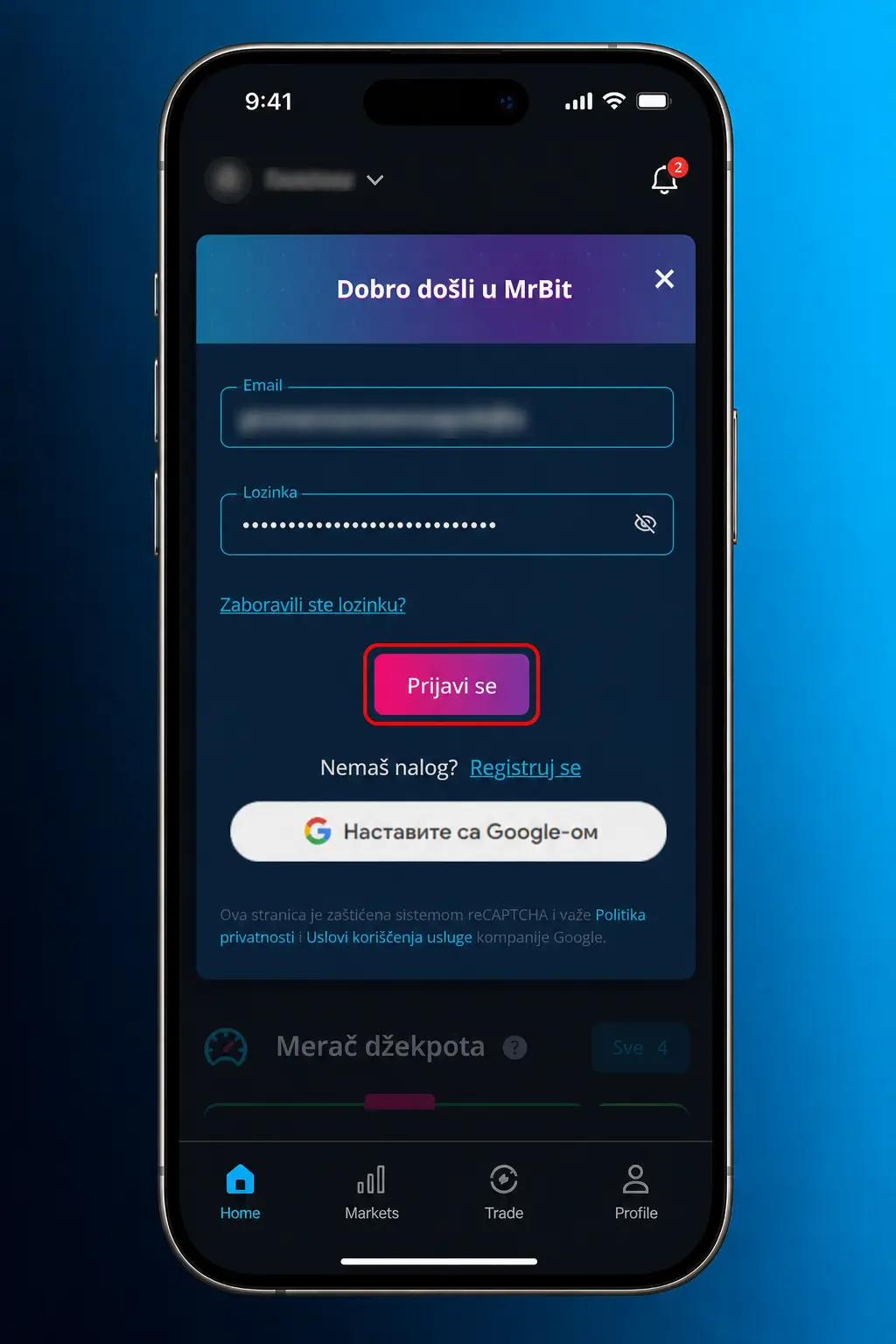 Prijava na MrBit aplikaciju putem otiska prsta, Face ID-ja ili korisničkog imena i lozinke
