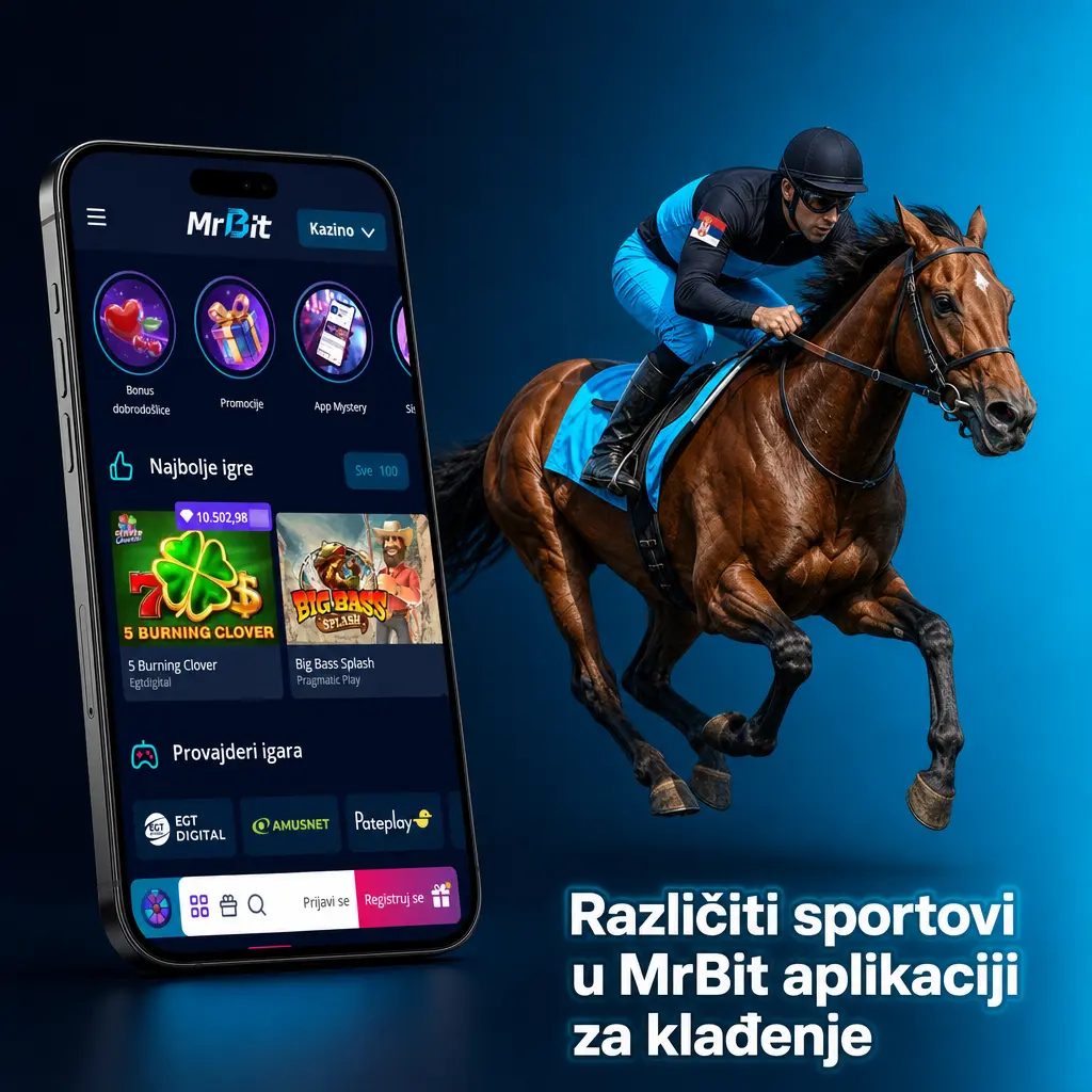 Prikaz različitih sportova i eSportova dostupnih za klađenje u MrBit aplikaciji, uključujući fudbal, košarku i tenis.